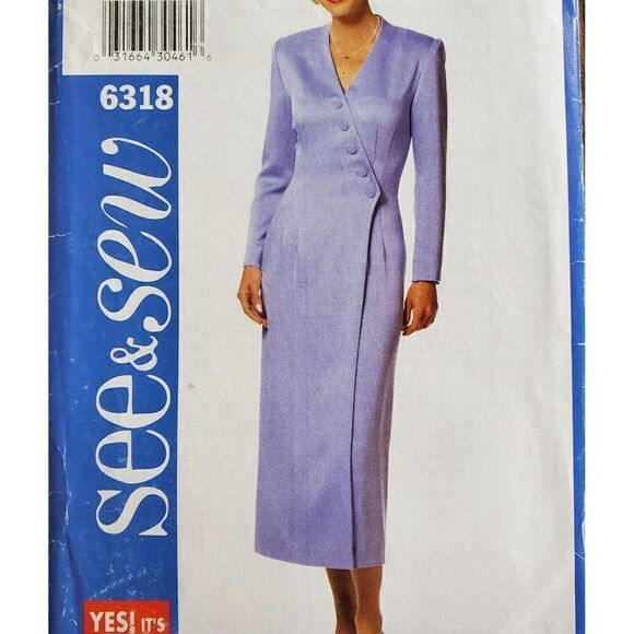 Vintage 90s See & Sew Pattern 6318 Uncut Sheath Mock Wrap Dress Sz 6 8 10 - Picture 1 of 3